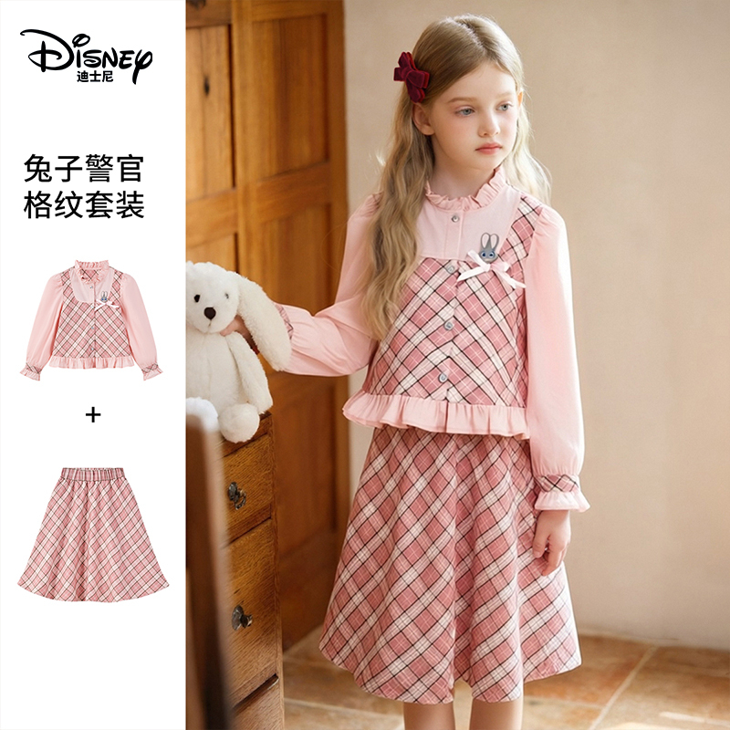 Disney Children's Clothing Girls' Set 2026 Spring New Style Bunny Police Officer Shirt Plaid Skirt Two-Piece Set for Kids
