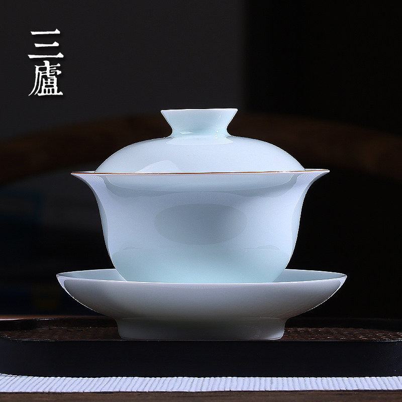 Sanlu Jingdezhen gai bowl teacup pure handmade Hutian shadow celadon sancai cup bubble tea bowl blue and white porcelain kung fu tea set