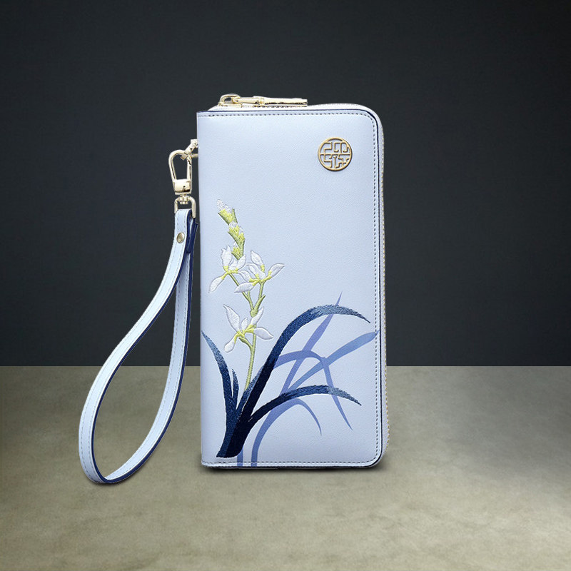 Pmsix Chinese style pure cow leather mobile phone zipper wallet embroidery leather real furniture wallet long