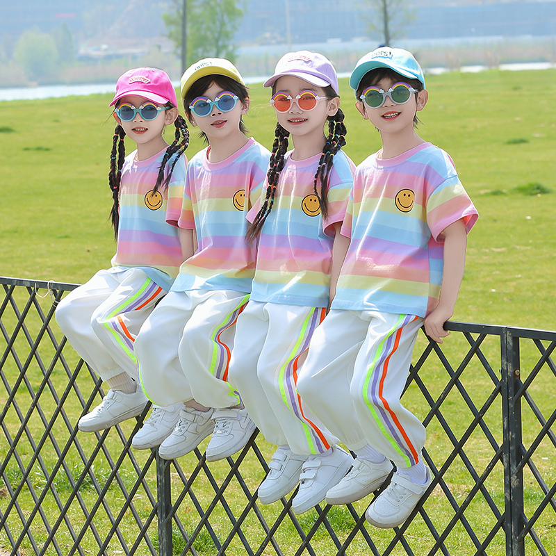 Primary School Students' Summer Performance Costumes, Kindergarten Rainbow Striped Sports Meeting Opening Ceremony Costumes, Children's Day Group Gymnastics and Chorus Costumes