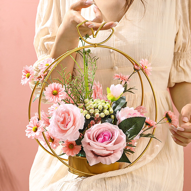 Creative Rose Floral Swing room Living Room Fake Flower Furnishing with light and luxurious hand carrying flower basket suit table flower inserts