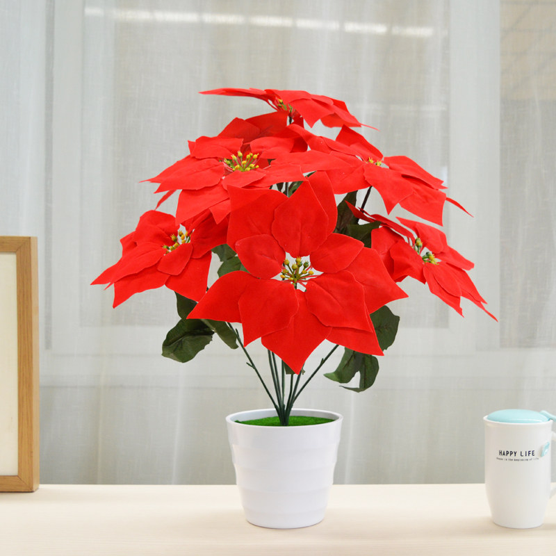 Simulation Flowers Silk Flowers Fake Flowers A Pint Of Red Potted 7 Heads Christmas Flowers Jerky Christmas Red Living Room Indoor Plastic Decoration Swing Accessories