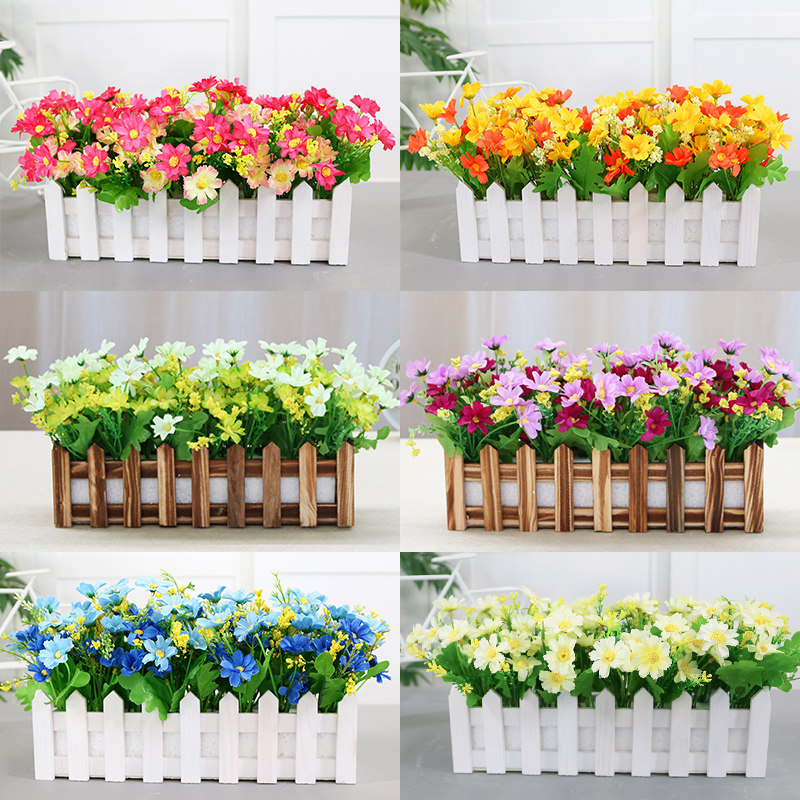 Silk Flower Plastic Flower Arrangement Dry Bouquet Wood Fence Fake Flower Emulation Floral Suit Living-room Home Decoration Pendulum Potted Plant