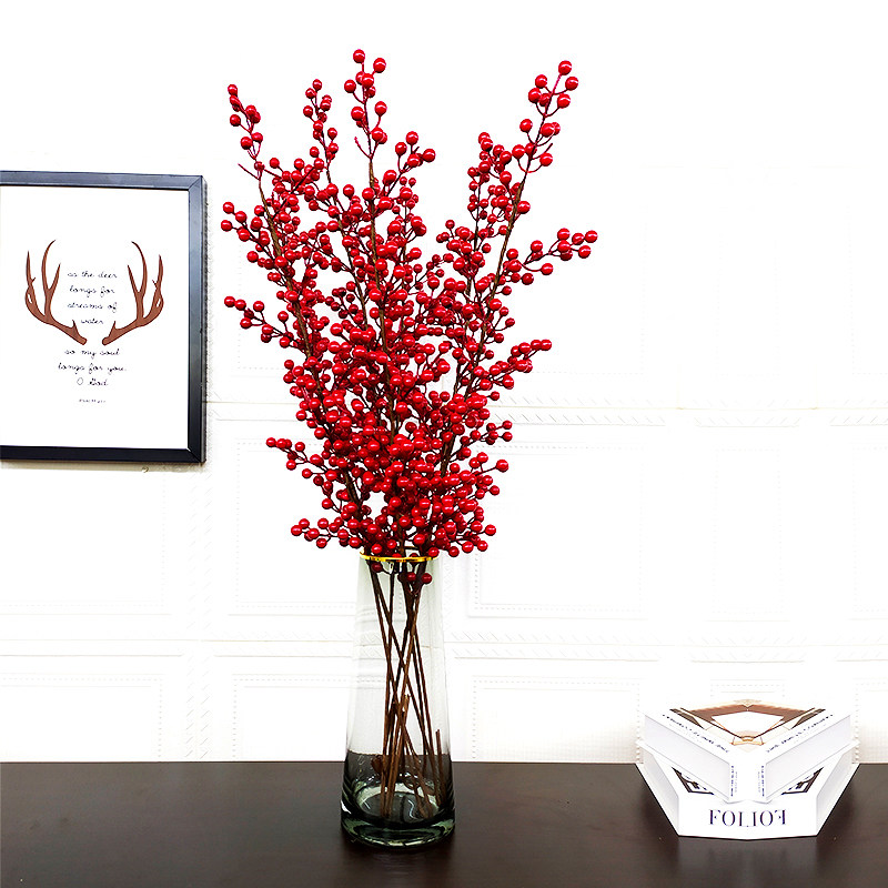 Hot selling dry flower simulation flower red fruit fortune fruit acacia fruit white branch ceramic glass vase flower arrangement decoration wedding