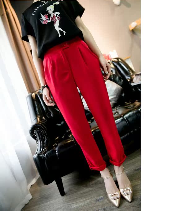Mùa hè 2019 phiên bản mới của Hàn Quốc của quần harem lỏng đỏ thời trang uốn xoăn chín điểm phù hợp với quần nữ cạp cao thời trang nữ 2021