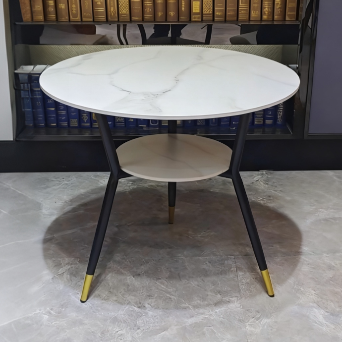 Round Slate Dining Table, Snow Mountain White, Double-Layered Negotiation Table and Chairs, Reception and Guest Seating, Three-Legged Small Round Table, Two Layers, 80cm