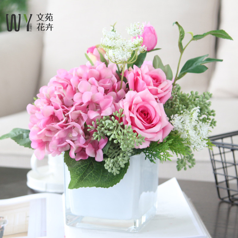 Simulation rose hydrangea set Glass bottle set combination Coffee table Dining table Bedroom floral arrangement Bouquet decoration flowers