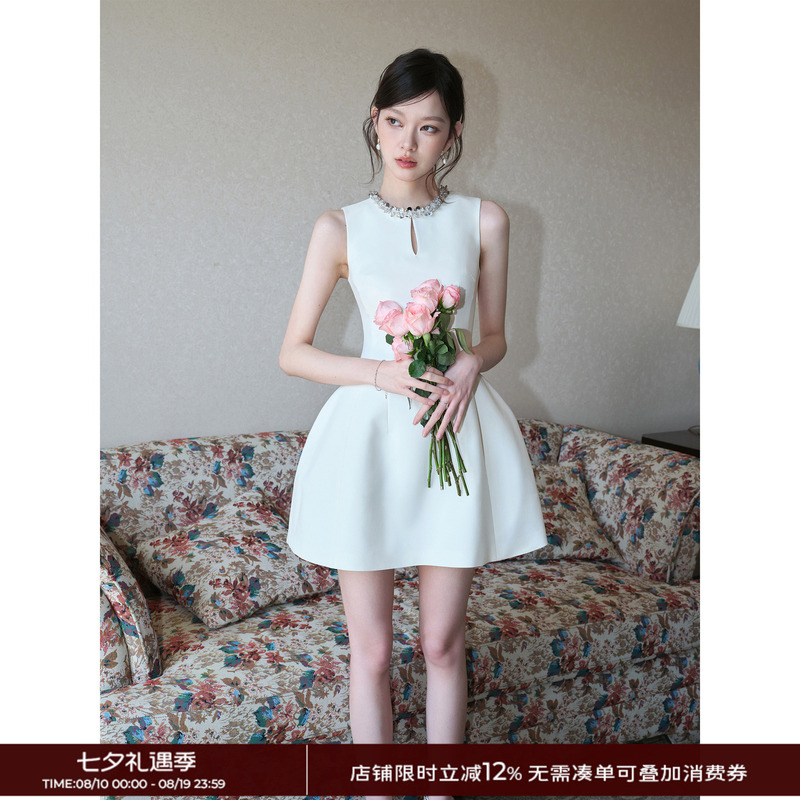 Dryross Original Light Luxury High-End Birthday Dress with Sequins, A-Line Puff Sleeveless Dress for Everyday Wear