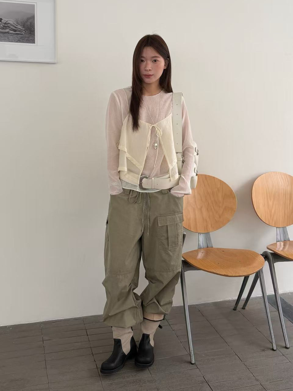 waitmore2026 весна-лето новая модель прозрачная блузка с длинными рукавами + двухслойный топ на бретелях комплект из двух предметов женский