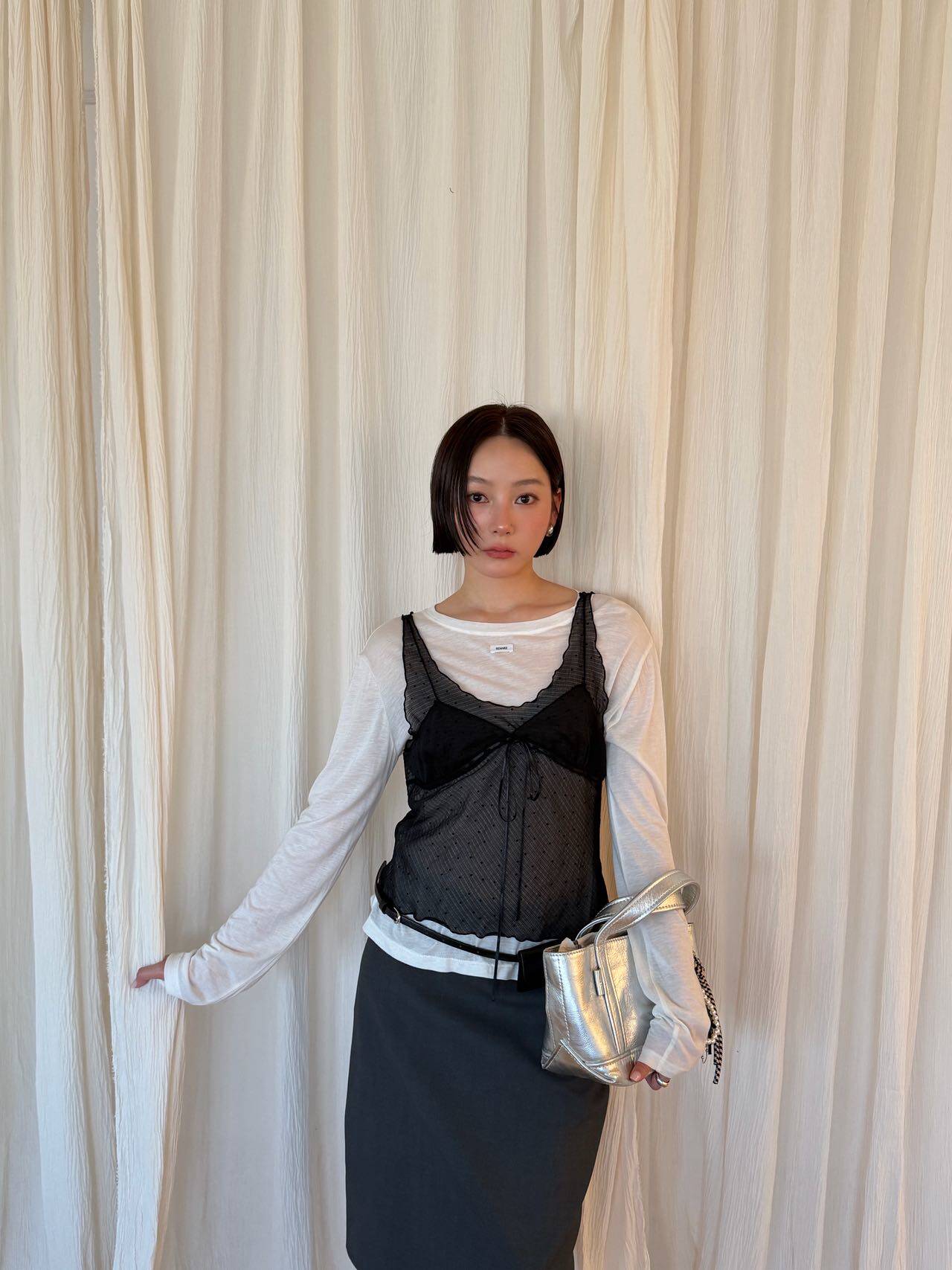 waitmore百搭薄纱微透波点V领无袖吊带背心春夏叠穿减龄显瘦上衣