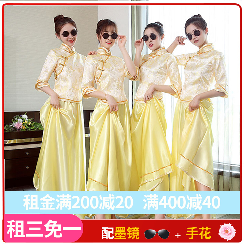 Out of the rental 2021 Chinese bridesmaid dress sister group Yellow thin wedding dress retro style long wedding dress