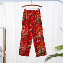 Womens summer pure cotton silk loose pajama pants artificial cotton cotton cotton silk single piece long pants home ice silk mosquito pants outside wear