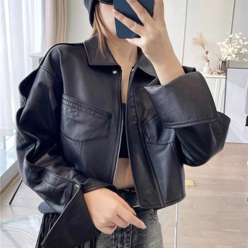 European goods head layer genuine leather leather jacket ruffled leather leather jacket women's sheepskin jacket tool motorcycle short jacket