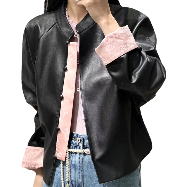 Jacket ຫນັງແທ້ຂອງແມ່ຍິງຈີນ Stand Collar Pink Jacquard Sheepskin Short Jacket Loose European Station 2024 Spring New Style