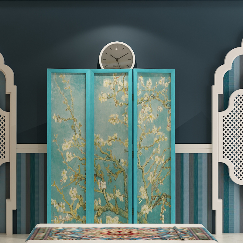 European American country Mediterranean Retro old living room Solid wood screen partition Folding mobile hollow screen