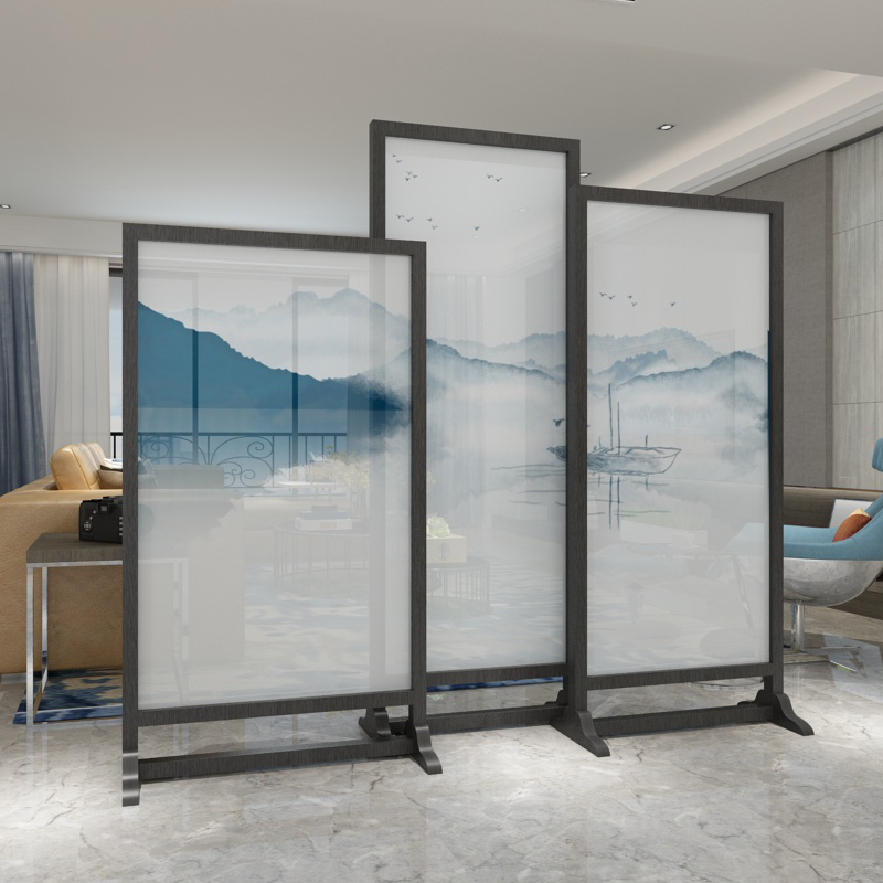 New Chinese modern seat screen solid wood living room compartment screen Office study decoration mobile double-sided fabric screen