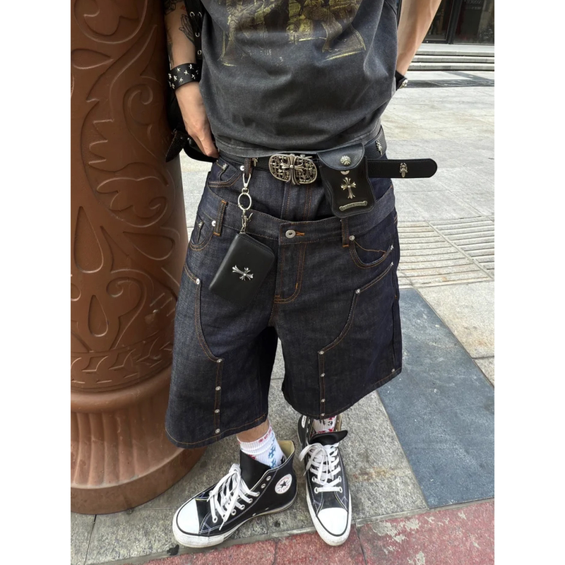 American Retro Street Style Double-Knee Raw Denim Shorts for Men and Women, Summer Faux Two-Piece Studded Double Waistband Cropped Pants