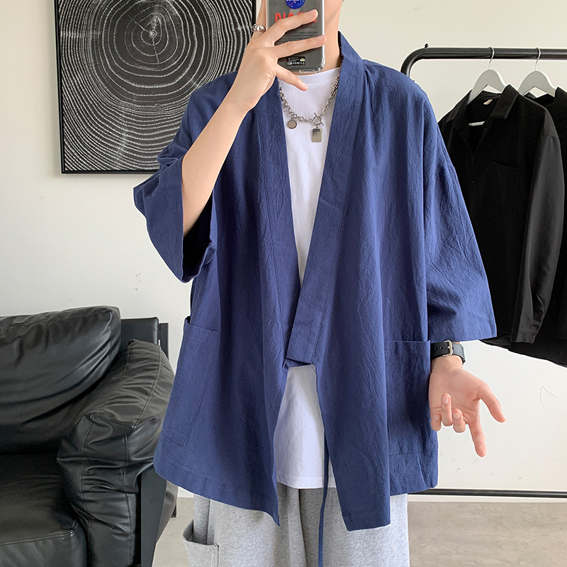 Summer Chinese-Style Cotton and Linen Three-Quarter Sleeve Robe Shirt for Men, Loose Trendy Brand Thin Casual Drop-Shoulder Cape Jacket