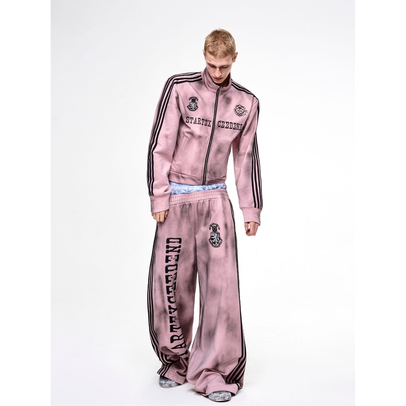 Visual Subculture Pink Sweatshirt Cardigan for Men, New Spring Style, Distressed Spray-Painted Stand-Up Collar Jacket with a Sense of Design