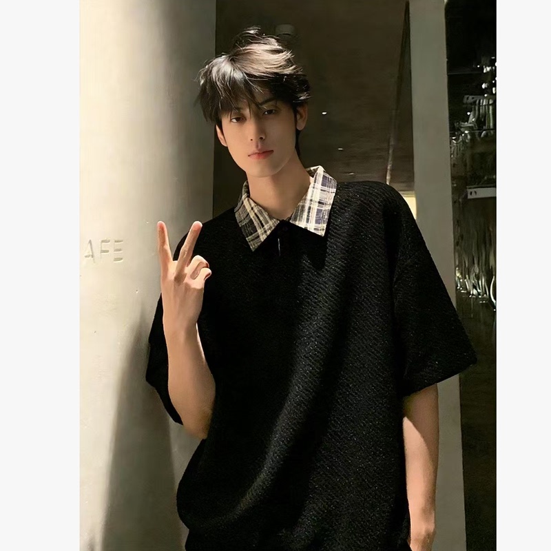 Fake Two-Piece Plaid Polo Shirt Short-Sleeved Men's Summer High-End Chanel-Style T-Shirt Cleanfit American Half-Sleeve