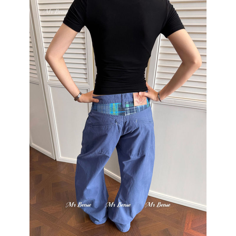 Mr. Bense American Retro Design Blue Patchwork Cargo Pants for Women, Niche Versatile Loose Scimitar Pants
