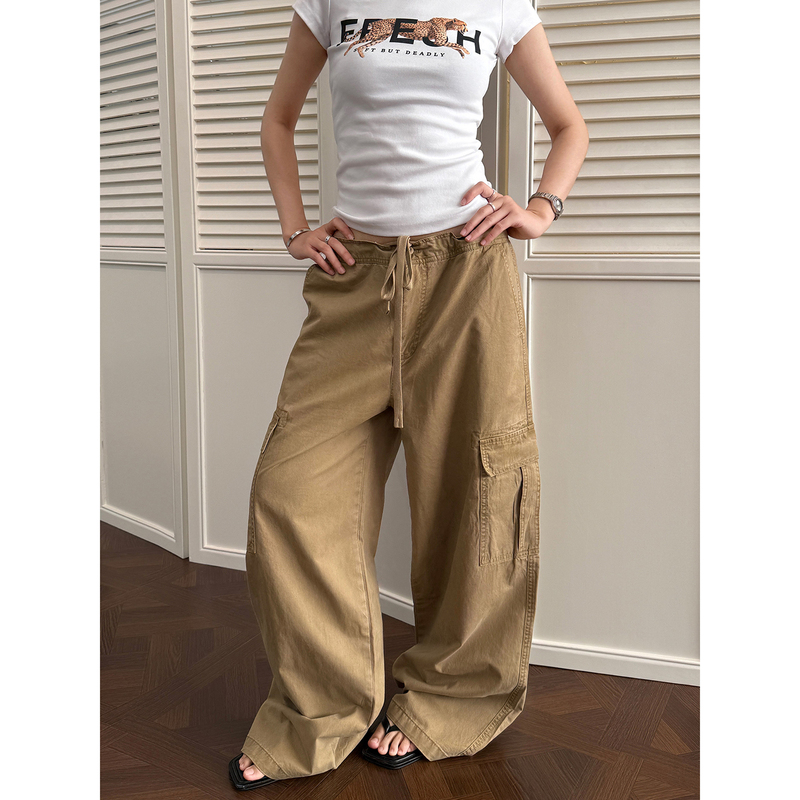Mr. Bense American-Style Distressed Khaki Cargo Pants for Women, Vintage Drawstring, Three-Dimensional Large Pockets, Loose Straight-Leg Trousers