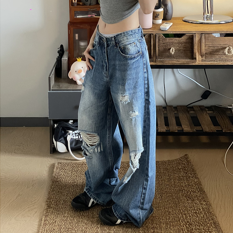 Mr Bense American-Style Ripped Jeans for Men and Women, Vintage Distressed Loose Washed Straight-Leg Wide-Leg Floor-Length Pants