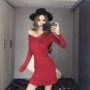 Quần áo nữ mùa thu 2018 phiên bản Hàn Quốc mới của máy cẩn thận khí chất thời trang V-cổ thắt lưng eo xù váy xòe 	váy đan dây eo	