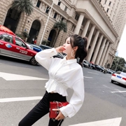 Phụ nữ mùa thu 2018 Mới Hàn Quốc tay áo ngắn tay dài Lapel Top thời trang dây đeo nơ