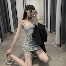 Gray suspender skirt womens spring 2021 new one-shoulder drawstring sexy tight-fitting hip dress tide