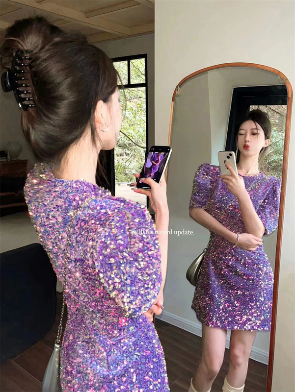 Summer New Style French Light Luxury Elegant Socialite Dress for Women, Heavy Sequin Sparkling Short-Sleeved Beautiful and Stylish Dress