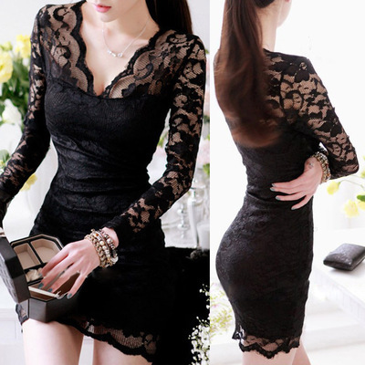 Summer 2022 New Black Skirt Women's Lace Sexy Women's Long Sleeve Skinny Spring and Autumn Thin Dress Tide