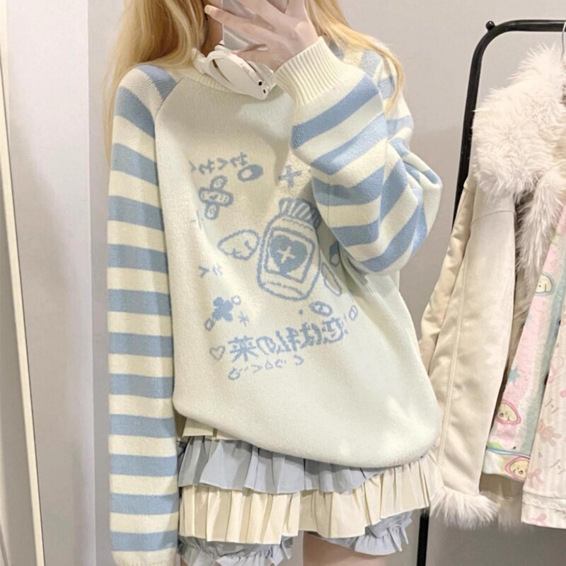 Striped Patchwork Anime Y2K Subculture Long-Sleeve Sweater for Women, Round Neck, Blue, New Autumn and Winter Knit Top Striped Patchwork Anime Y2K Subculture Long-Sleeve Sweater for Women, Round Neck, Blue, New Autumn and Winter Knit Top