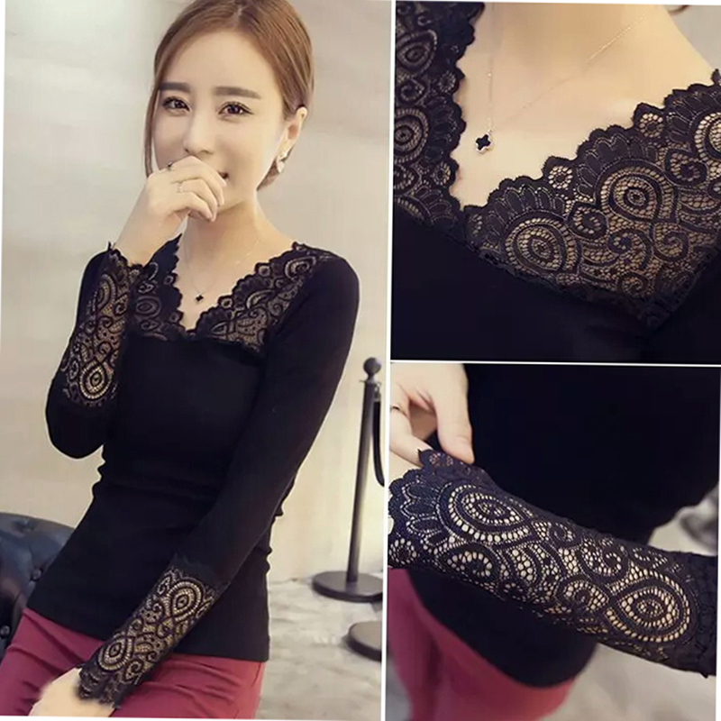 V-Neck Lace Base Shirt for Women, Long-Sleeved, Plus Size, Thin, Autumn and Winter Inner Wear, Sexy, Slim-Fitting, Hollow Lace Top