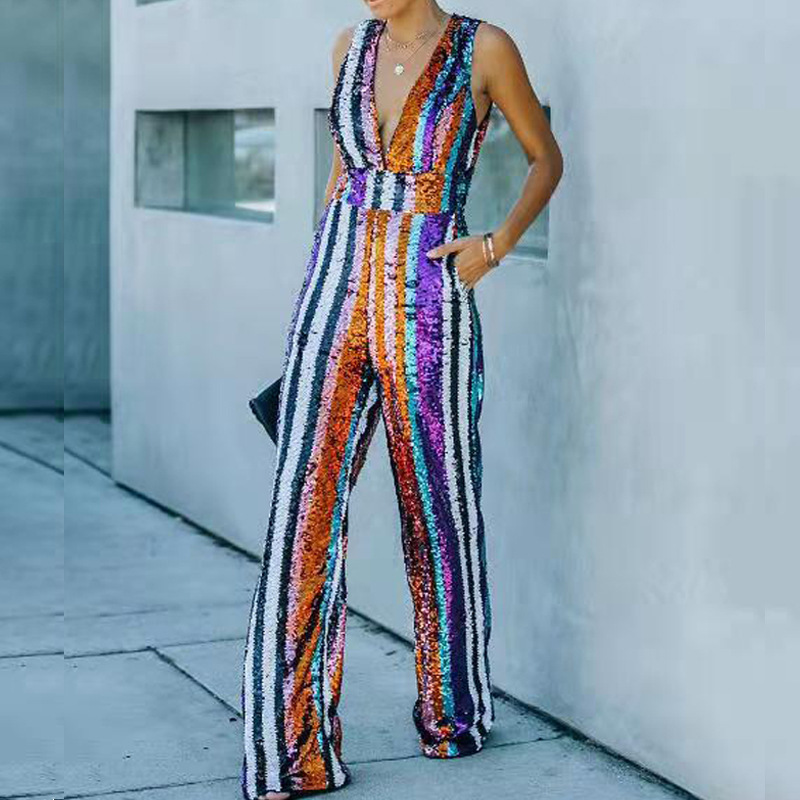 Sleeveless Sequined Straight Leg Jumpsuit