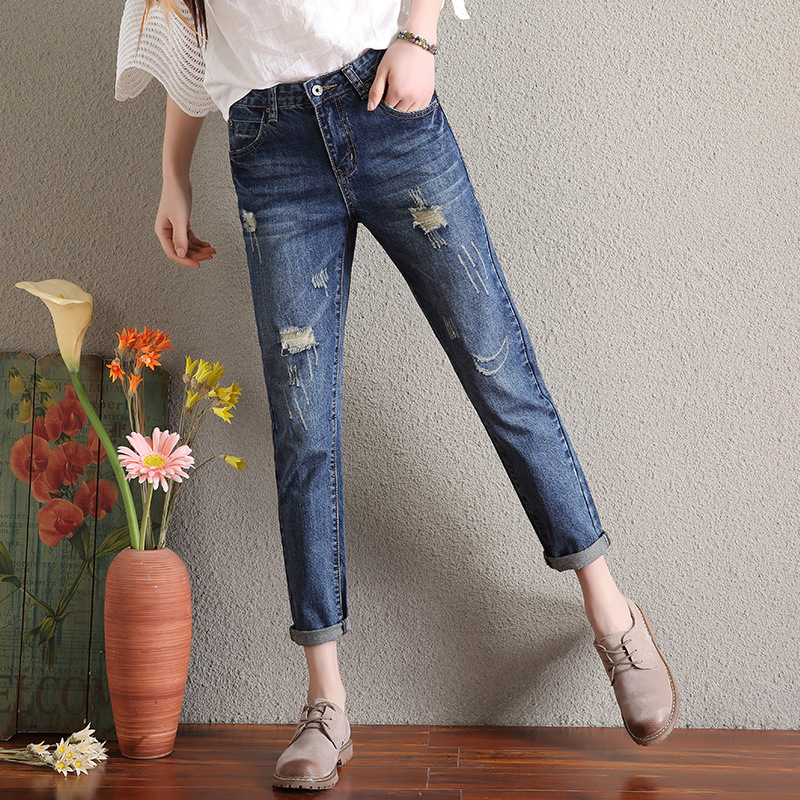 Loose wide-leg bf ripped jeans women's summer 155 nine-point pants Korean version of the high-waisted student all-match casual straight-leg pants