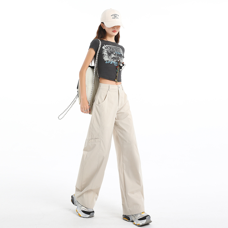 American-Style Light Khaki Cargo Pants for Women, 2026 Summer Thin Loose Fit Slimming Sports Quick-Dry Casual Wide-Leg Pants