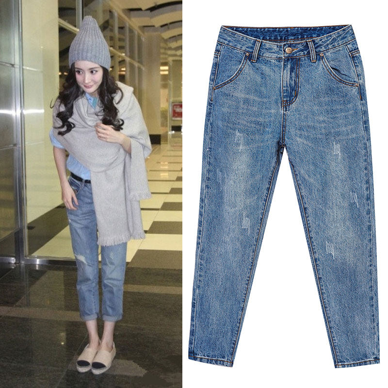 Yang power Tongtong Washed Jeans Woman Straight Barrel Harbor Taste Retro 90% Harun pants ulzzang Loose Beggar Pants