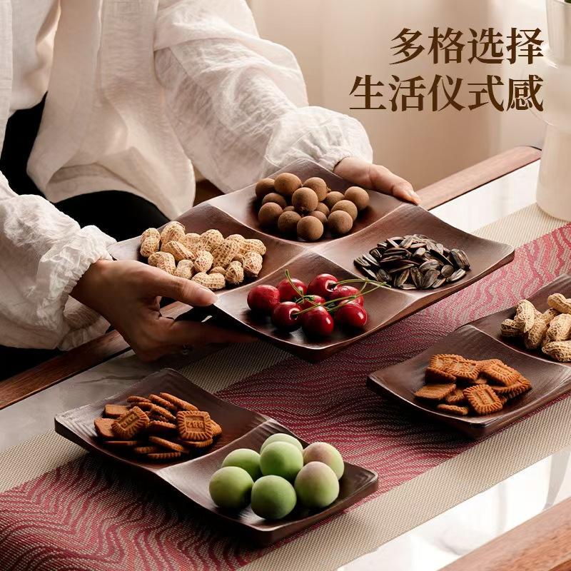Retro New Chinoiserie Divided Dried Fruit Plate, Creative Living Room Fruit Plate, Melon Seed Cake, Snacks, Candy Wooden Tray
