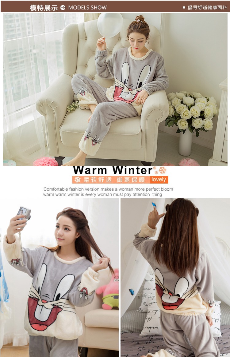 Bộ đồ ngủ mùa thu nữ dễ thương hoạt hình flannel dài tay phù hợp với phụ nữ mùa đông dày kích thước lớn đồ mặc ở nhà