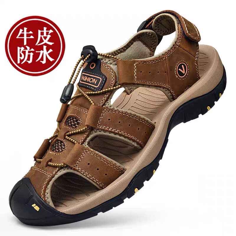 Clearance Camel Brand Summer Breathable Genuine Leather Closed-Toe Sandals for Men, Outdoor Waterproof Non-Slip Beach Shoes