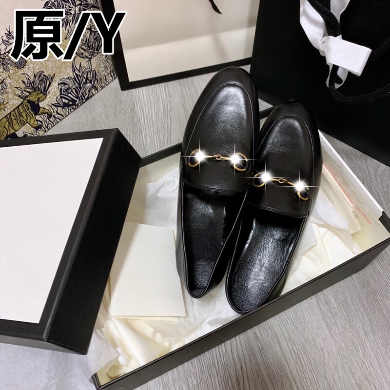Small leather shoes female Inn Wind Horse rank buckle Soft leather flat-bottomed women's shoes genuine leather One foot pedal black Lefoe shoes