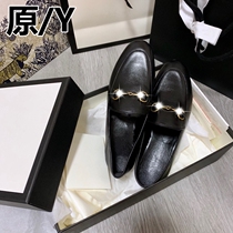 Small leather shoes womens British style horse buckle soft leather flat womens shoes leather a pedal black loafers