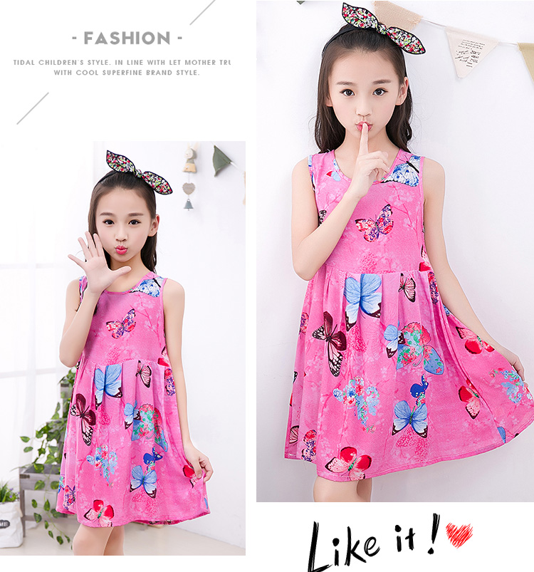 Cô gái mặc bông lụa quốc gia gió váy bé mùa hè bông lụa váy vest váy con váy dài mỏng rayon