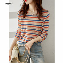 Japanese light luxury rainbow stripes color cut-out knitwear round neck long sleeve cardigan womens bottomed pullover thin sweater