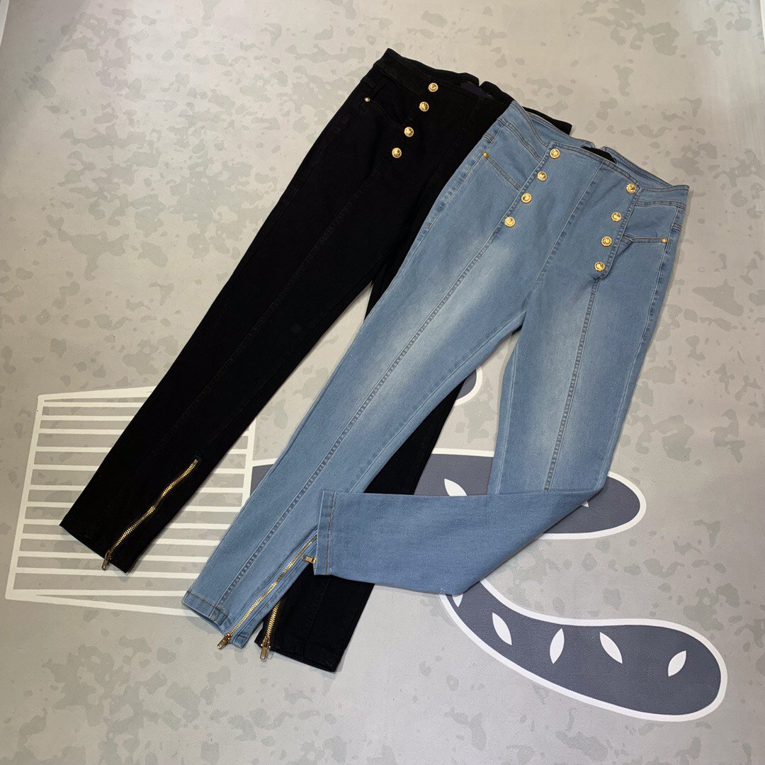 European station 2022 autumn and winter fashion double-breasted gold buckle three-dimensional stitching small feet high-waisted stretch slim nine-point jeans