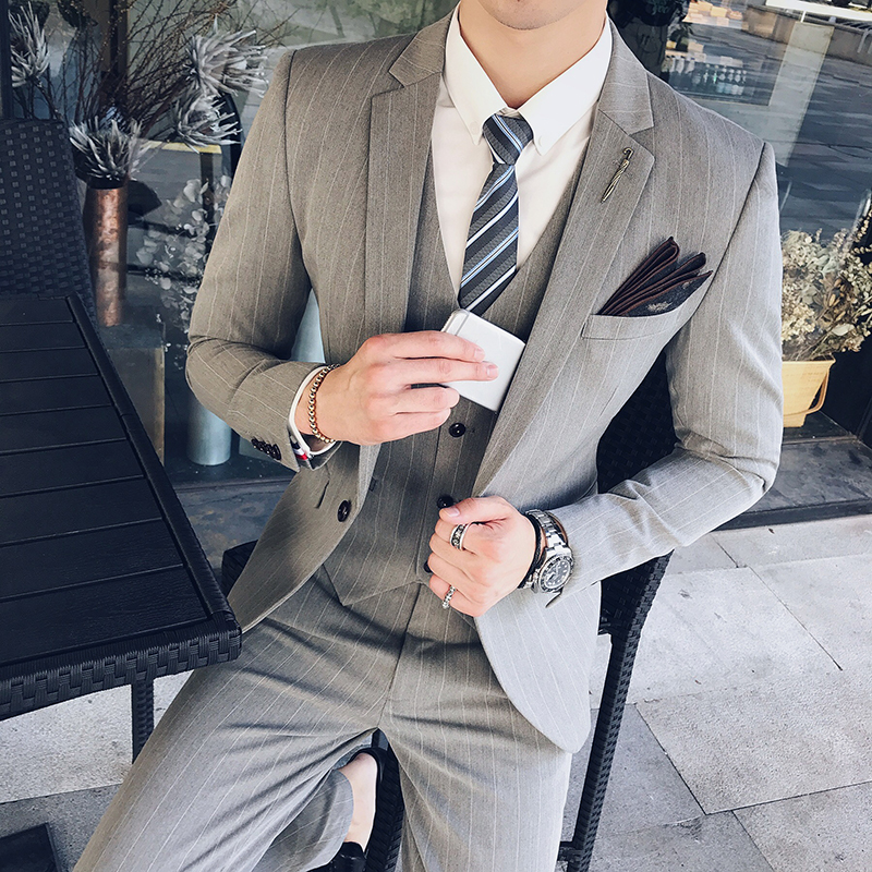 韩版修身休闲潮流简约条纹一粒扣西服套装发型师小西装三件套男