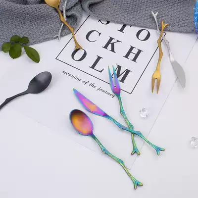 Japanese stainless steel creative cute fruit fork spoon retro branch shape dessert knife and fork spoon set shooting props
