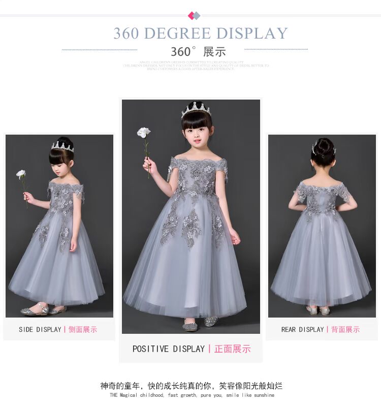 Váy một vai trẻ em váy công chúa cô gái cưới hoa dài catwalk show chủ nhà trang phục piano màu xám váy trẻ em đẹp