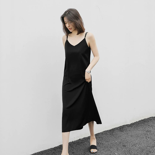 Шифоновая черная летняя длинная юбка, платье без рукавов, оверсайз, V-образный вырез